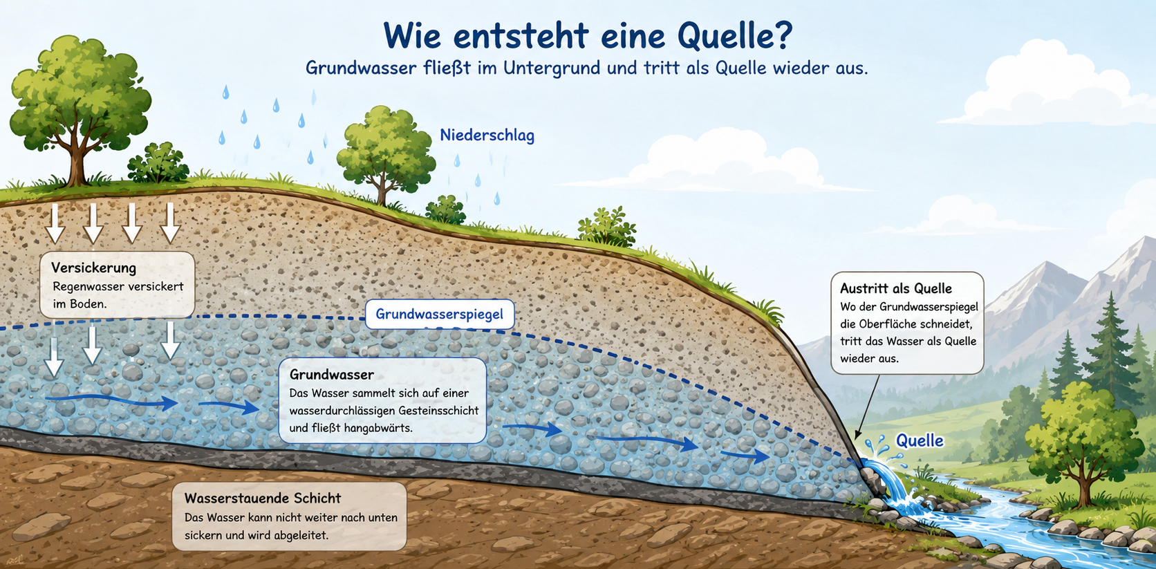 Querschnitt eines Hanges: Niederschlag versickert, sammelt sich über einer wasserstauenden Schicht, fließt hangabwärts und tritt als Quelle aus.