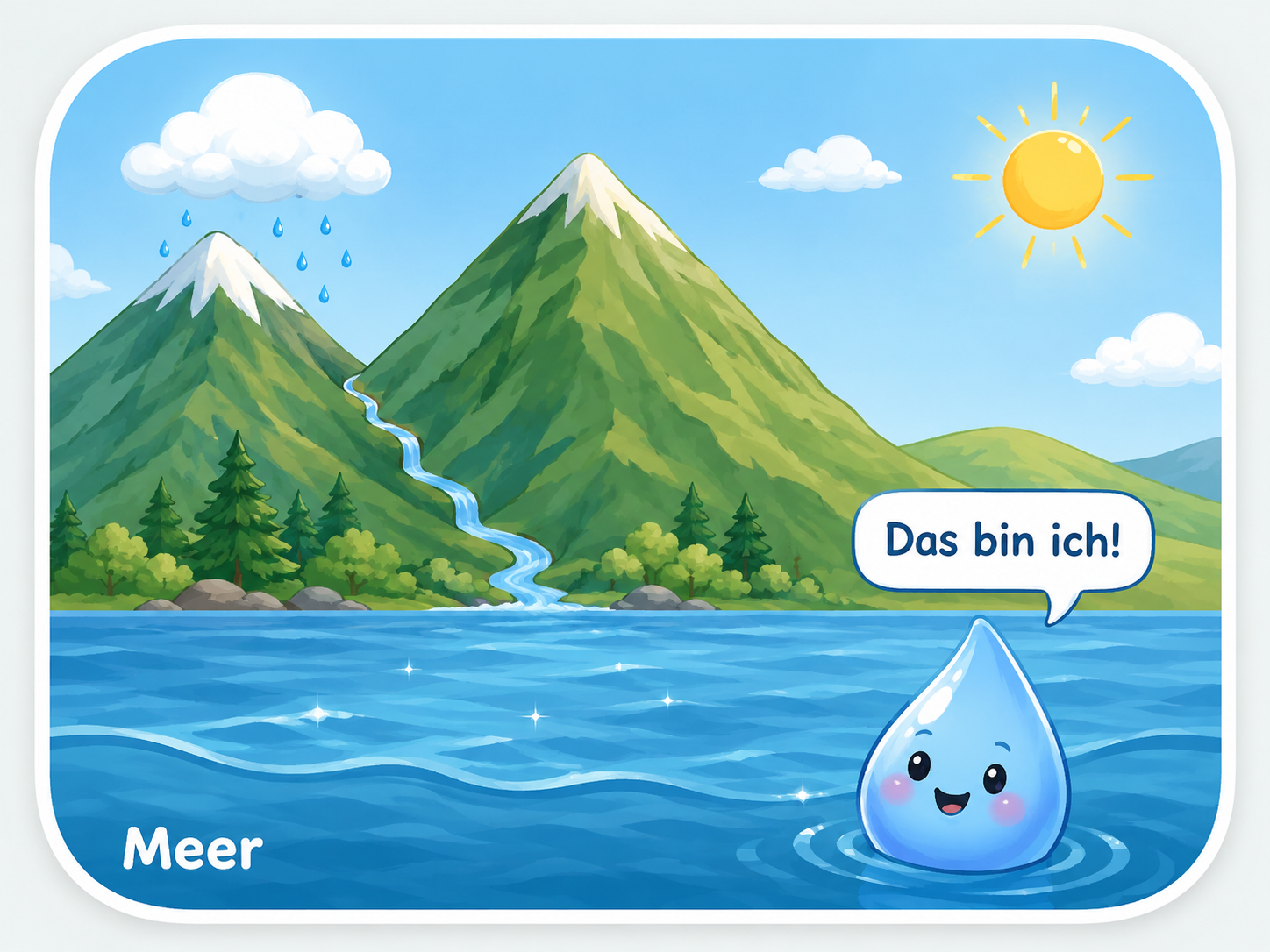 Willi Wassertropfen im Meer vor einer Berglandschaft mit Fluss, Wolken, Regen und Sonne